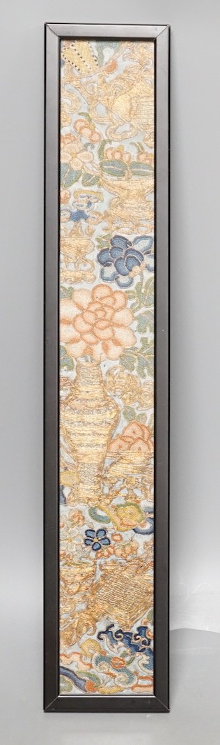 A Chinese framed embroidered floral panel - 53 x 8cm